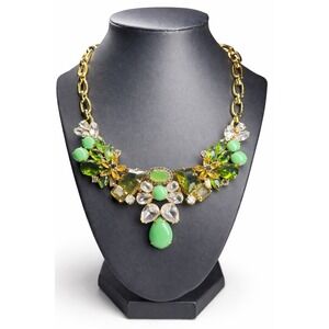 J.Crew Green Crystal‎ Statement Bib Necklace Gold Tone Mixed Stone Floral Design
